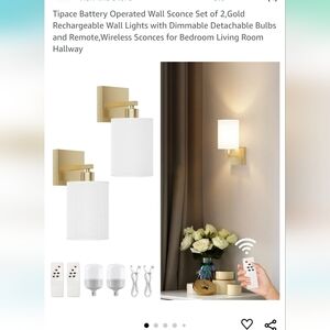 Battery Operated Wall Sconce Set of 2,Gold Rechargeable Wall Lights w remote